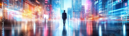 Wallpaper Mural A silhouette of a businessman stands in a vibrant, illuminated cityscape, showcasing modern architecture and a sense of ambition amid colorful lights. Torontodigital.ca