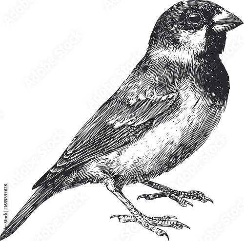 Detailed sketch of a finch standing upright, black and white ink drawing. Vector illustration