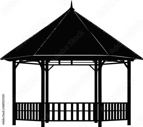 Black silhouette of a classic wooden gazebo with pointed roof outdoors. Vector illustration