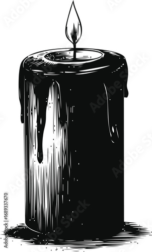 Black and white illustration of a burning candle with dripping wax. Vector illustration