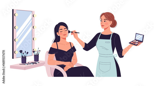 Professional makeup artist applying cosmetics to a client in a salon setting with mirror and brushes