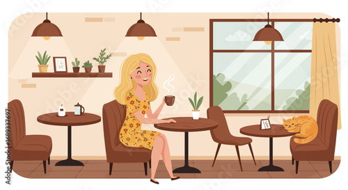Woman Enjoying Coffee in a Cozy Cafe with a Cat.