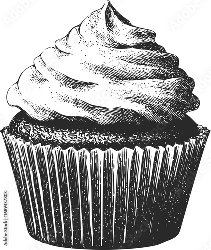 Vintage illustration of a cupcake with creamy frosting in black and white drawing. Vector illustration