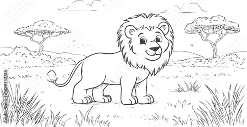 Smiling cartoon lion in savanna under clear sky, black and white line art. Vector illustration