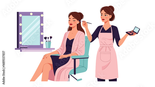 Professional makeup artist applying cosmetics to a seated client in a well lit vanity area