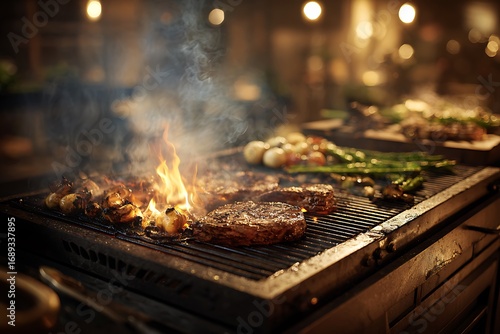 Fototapeta Naklejka Na Ścianę i Meble -  Sizzling steaks on a vibrant grill, flames dancing around grilled asparagus and onions for a delicious barbecue feast, perfect for summer gatherings and culinary promotions