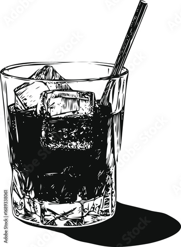 Black and white illustration of a tumbler with ice cubes and a straw. Vector illustration