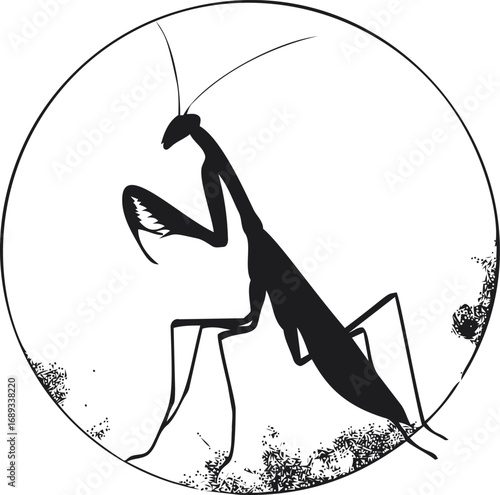 Black silhouette of a praying mantis in a circular frame with abstract details. Vector illustration
