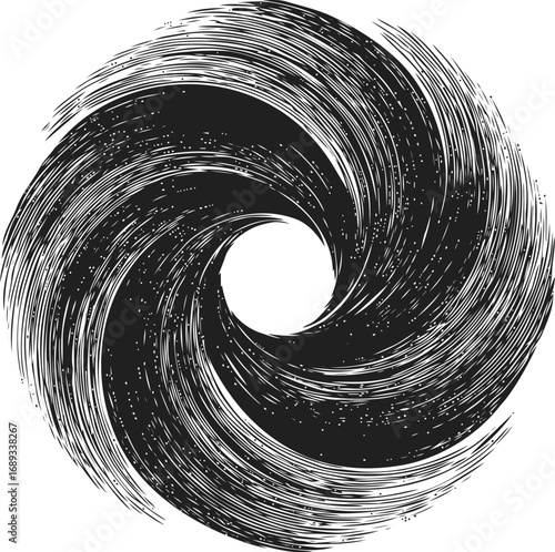 Black and white spiral ink pattern resembling a swirling vortex. Vector illustration