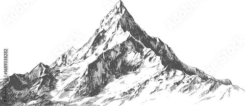 Detailed sketch of a rugged mountain peak with snow and rocky texture. Vector illustration