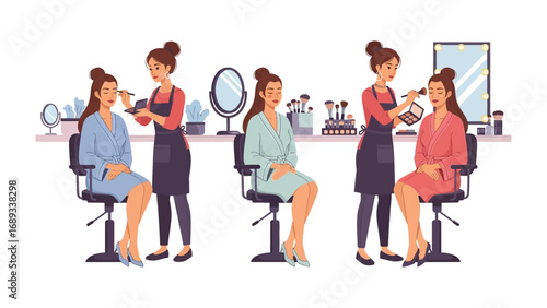 Professional makeup artists applying cosmetics to clients in a well lit beauty salon setting with mirrors and brushes