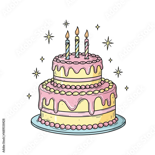 Two-tiered birthday cake with pink frosting and three lit candles, decorated with sprinkles and glitter.
