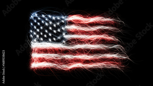 Dynamic Fiberoptic American Flag Illuminated in Vibrant Neon Light Artistry Symbolizing Patriotism and Cultural Identity