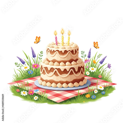A delightful two-tiered birthday cake adorned with lit candles, set on a picnic blanket amidst a vibrant meadow filled with wildflowers and butterflies.