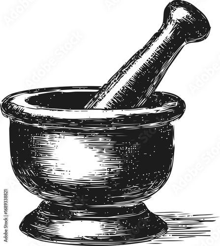 Illustration of mortar and pestle in vintage etched style, traditional tool. Vector illustration
