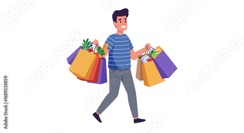Man Carrying Shopping Bags Filled with Groceries After Shopping.
