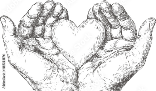 Sketch of hands holding a heart symbol, emphasizing love and care. Vector illustration