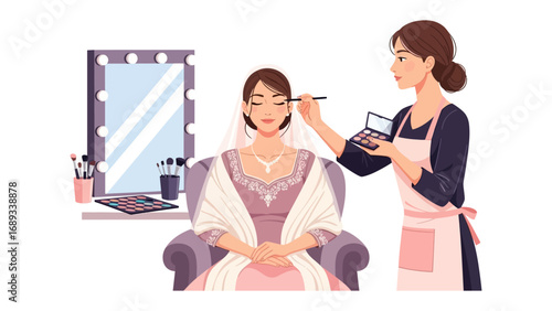 Professional makeup artist applying cosmetics to a seated woman in a salon setting with mirror