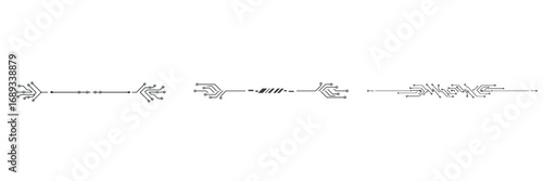 Set of minimal horizontal dividers with thin continuous lines, angular breaks, and circuit-inspired shapes in graphite grey color on transparent background
