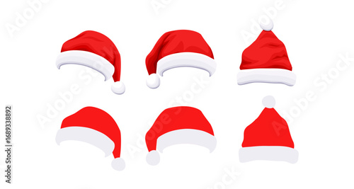 Set of santa hats in festive holiday design on white background