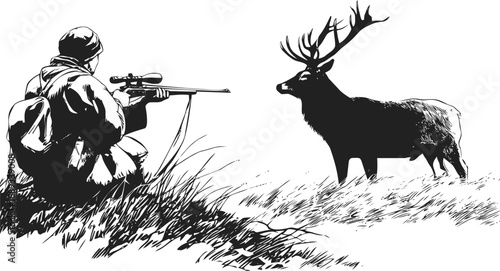 Hunter aiming rifle at standing deer in black and white illustration, tense moment. Vector illustration