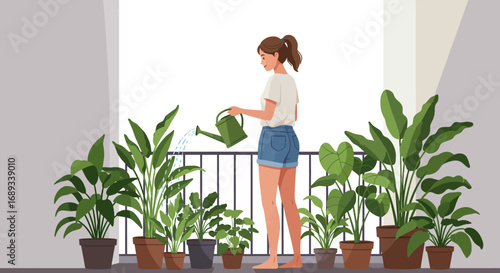 Woman Watering Potted Plants on Balcony with Green Watering Can 2.