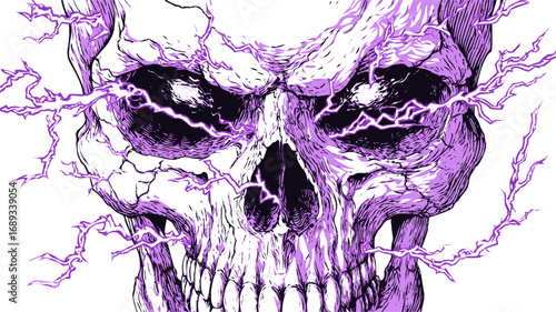 Skull with purple lightning bolts in a dramatic and intense illustration. Vector illustration