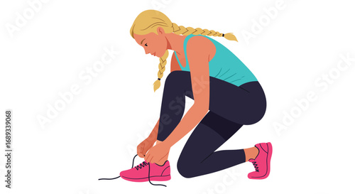 Blonde Woman Tying Pink Running Shoe Laces Before Exercise.