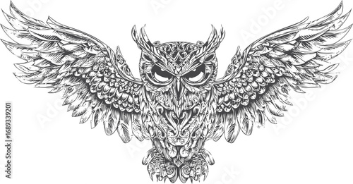 Intricate black and white owl with outstretched wings, detailed line art. Vector illustration