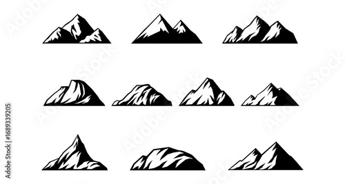 Set of nine minimalist black and white mountain peaks