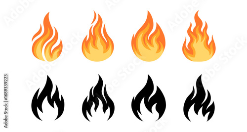 Collection of colorful and black flame icons in flat style