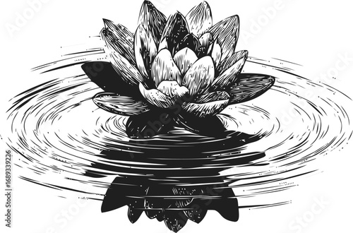 Black and white illustration of a lotus flower with rippling water surface. Vector illustration