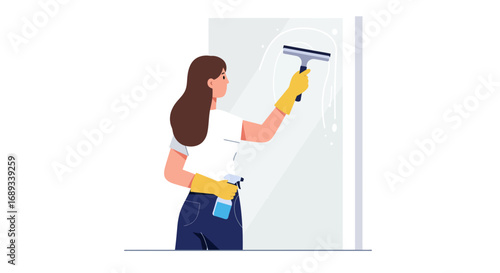 Woman Cleaning Glass with Squeegee and Spray Bottle.