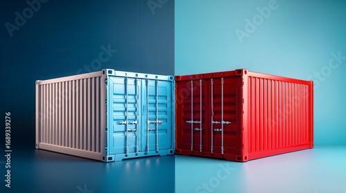 Modern colorful shipping containers arranged in white, blue, and red against dual-toned blue background, perfect for global logistics and freight transportation industry