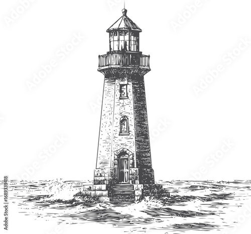 Black and white sketch of a lighthouse amidst ocean waves, vintage style. Vector illustration