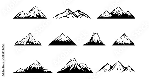 Mountain silhouette collection featuring nine unique peaks in black and white