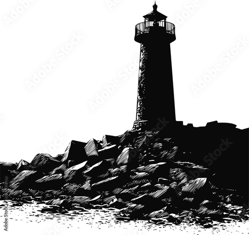 Black lighthouse and rocky coastline in silhouette style illustration. Vector illustration