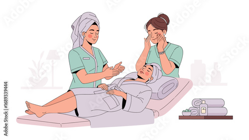 Two smiling women in spa robes and towels receive facial treatments from a therapist in a serene setting