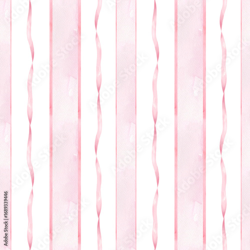Trendy pink vertical striped pattern with flowers and ribbons. Seamless Retro Pink Ribbon Pattern with Flowers for Interior and Fabric