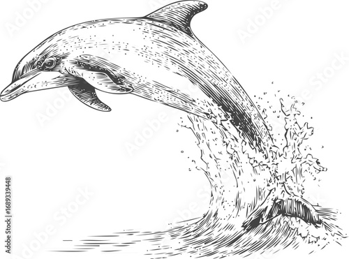 Illustration of a dolphin leaping from water in detailed black and white sketch. Vector illustration