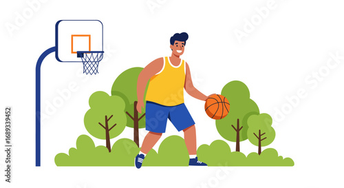 Cartoon Man Dribbling Basketball Near Hoop Outdoors.