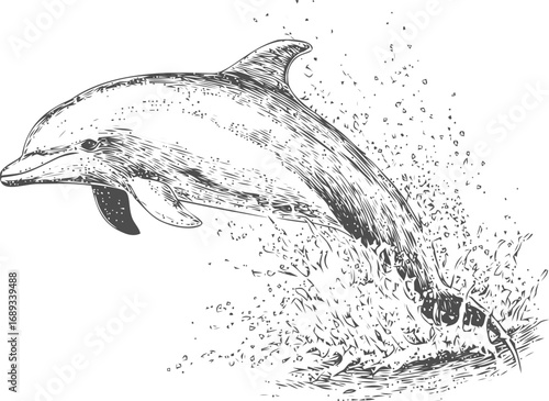 Illustration of a jumping dolphin with detailed line art splashing water. Vector illustration