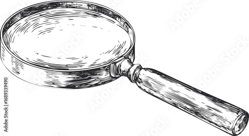 Hand-drawn vintage magnifying glass illustration in black and white style. Vector illustration