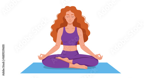 Woman with Red Hair Meditating in Lotus Position on Blue Mat.