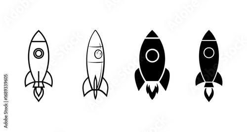 Four rocket icons in black and white silhouette and line art styles