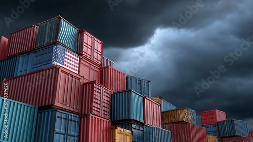 Dramatic stacked shipping containers with American flag under stormy dark sky at port terminal, highlighting international trade tensions and global supply chain challenges