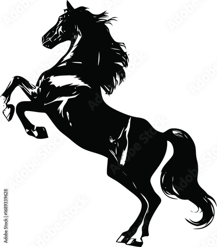 Silhouette of a rearing horse with flowing mane. Vector illustration