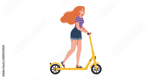 Woman with Red Hair Riding Yellow Scooter.