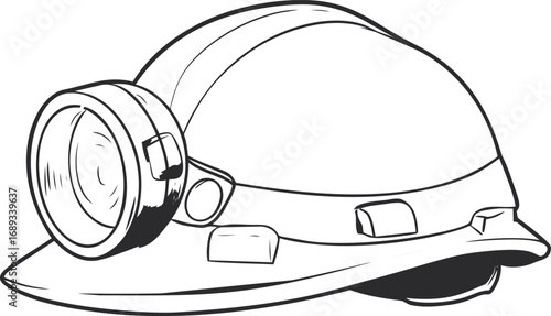 Black and white miner's helmet with headlamp, detailed illustration. Vector illustration
