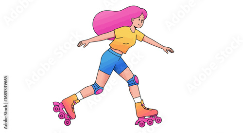 Cartoon Woman with Pink Hair Roller Skating with Protective Gear.
